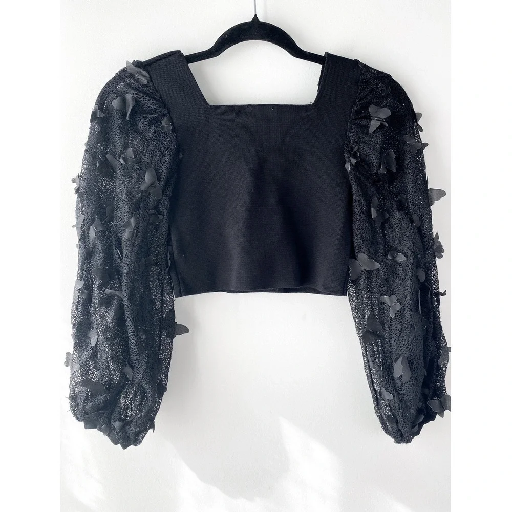 Free‎ People Womens Top XS Black Butterfly Crop Sheer Fairy Whimsigoth